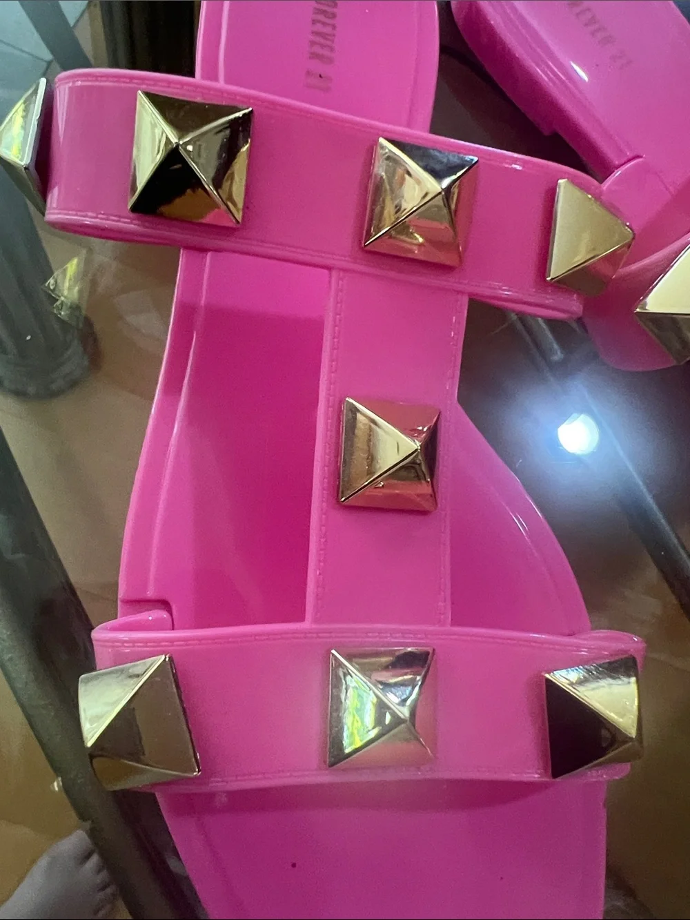 Forever 21 Hot Pink Double-Strap Slide Sandals with Gold Studs